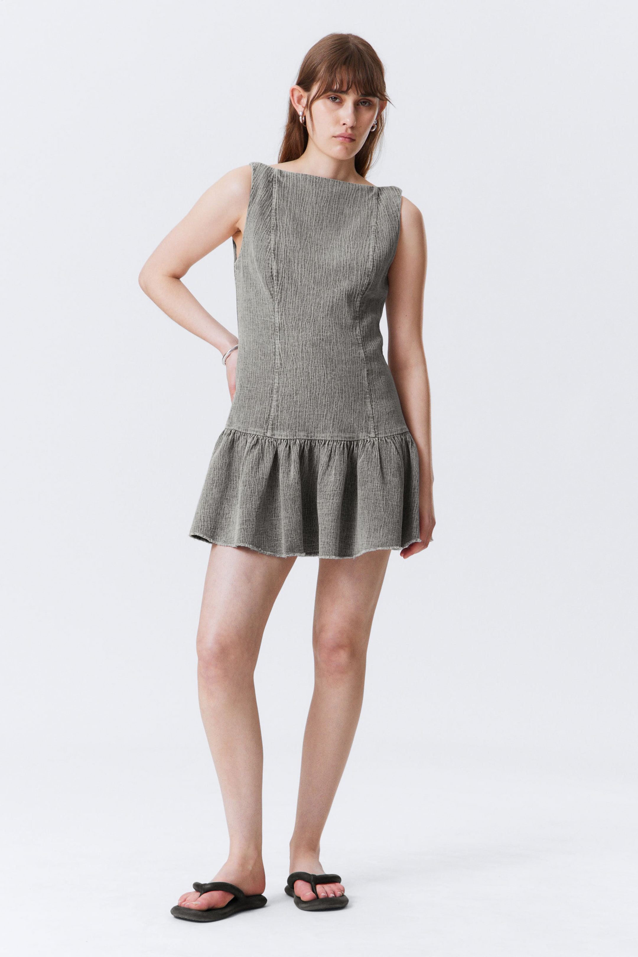 #E4E2DC - Flared Boat-neck Mini Twill Dress - 1
