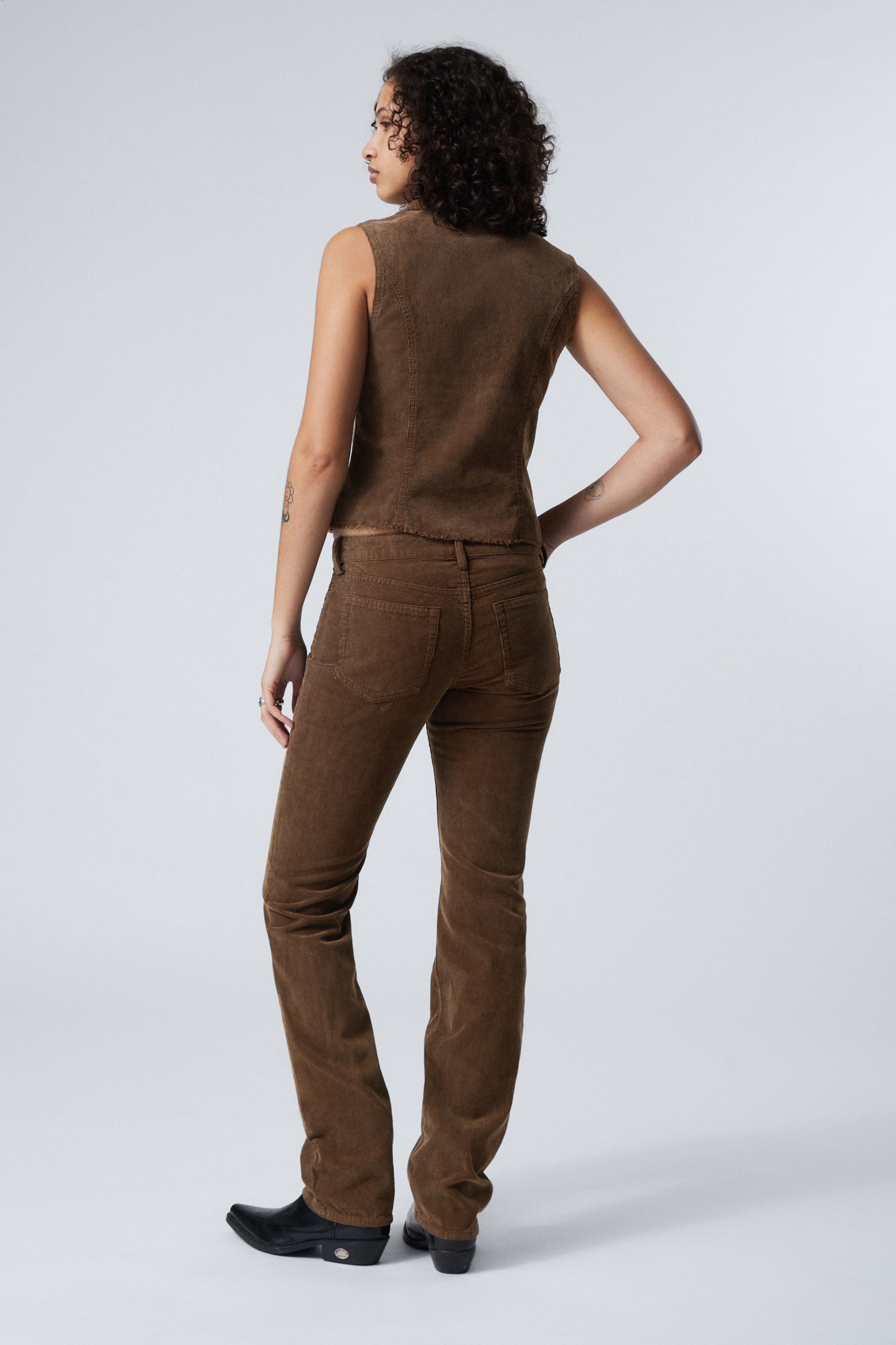 Dusty Brown - Low Waist Slim Straight Corduroy Trousers - 3