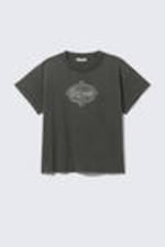 Dark Grey - Spacenet - Graphic Cap-Sleeved Boxy Cotton T-shirt - 3