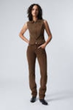 Dusty Brown - Low Waist Slim Straight Corduroy Trousers - 0