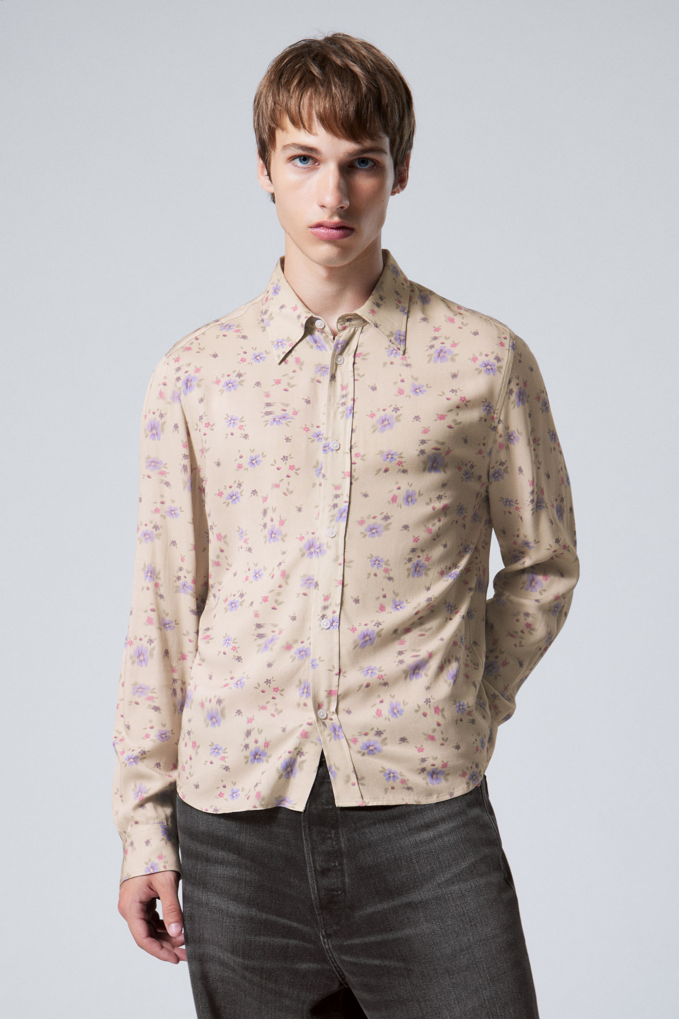 Light Dusty Beige - Floral - Regular Long Sleeve Shirt - 0