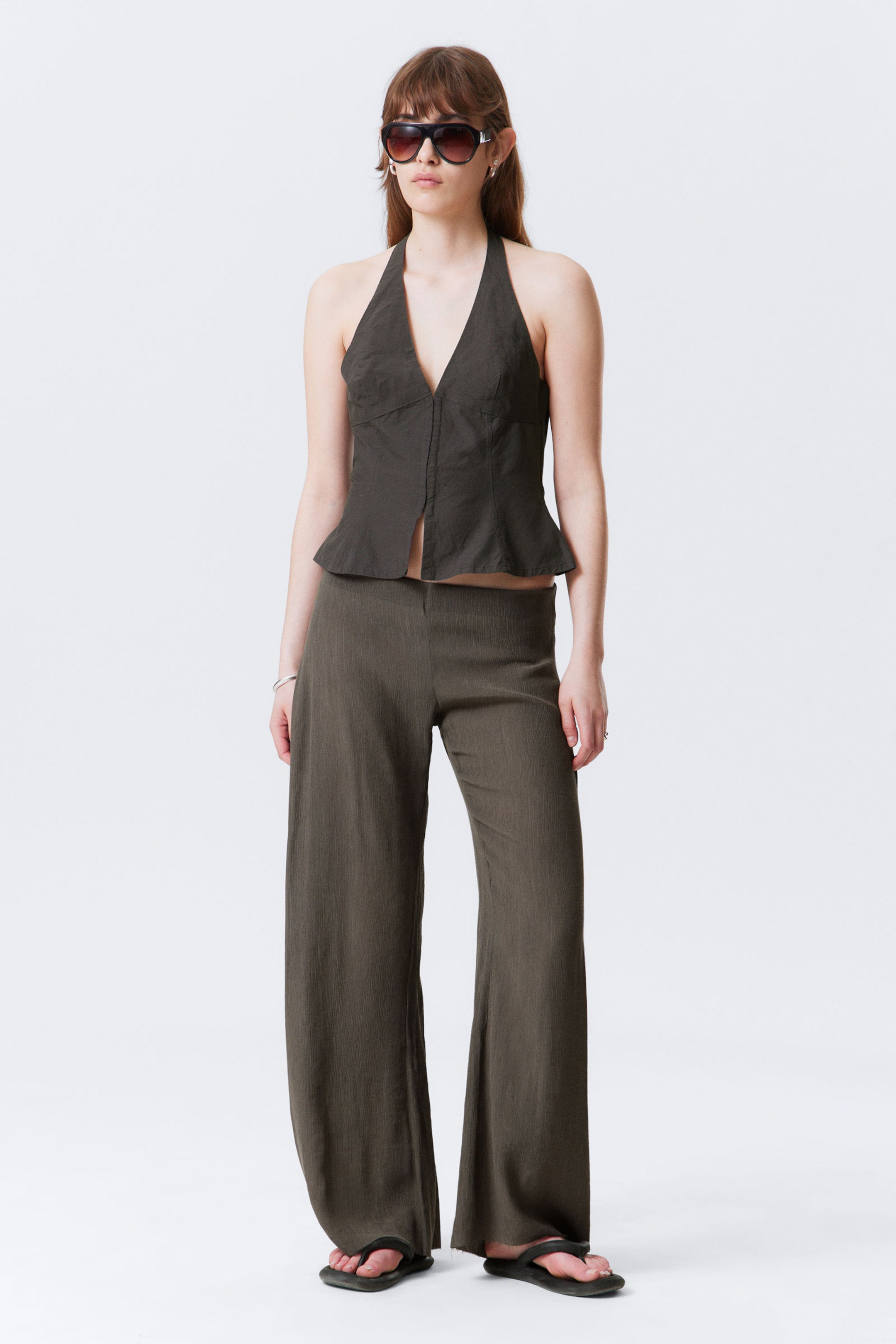 Dark Grey - Tie-Back Hook-and-Eye Halterneck Top - 2