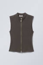 Dark Grey - Sleeveless Ribbed Zip-Top - 2