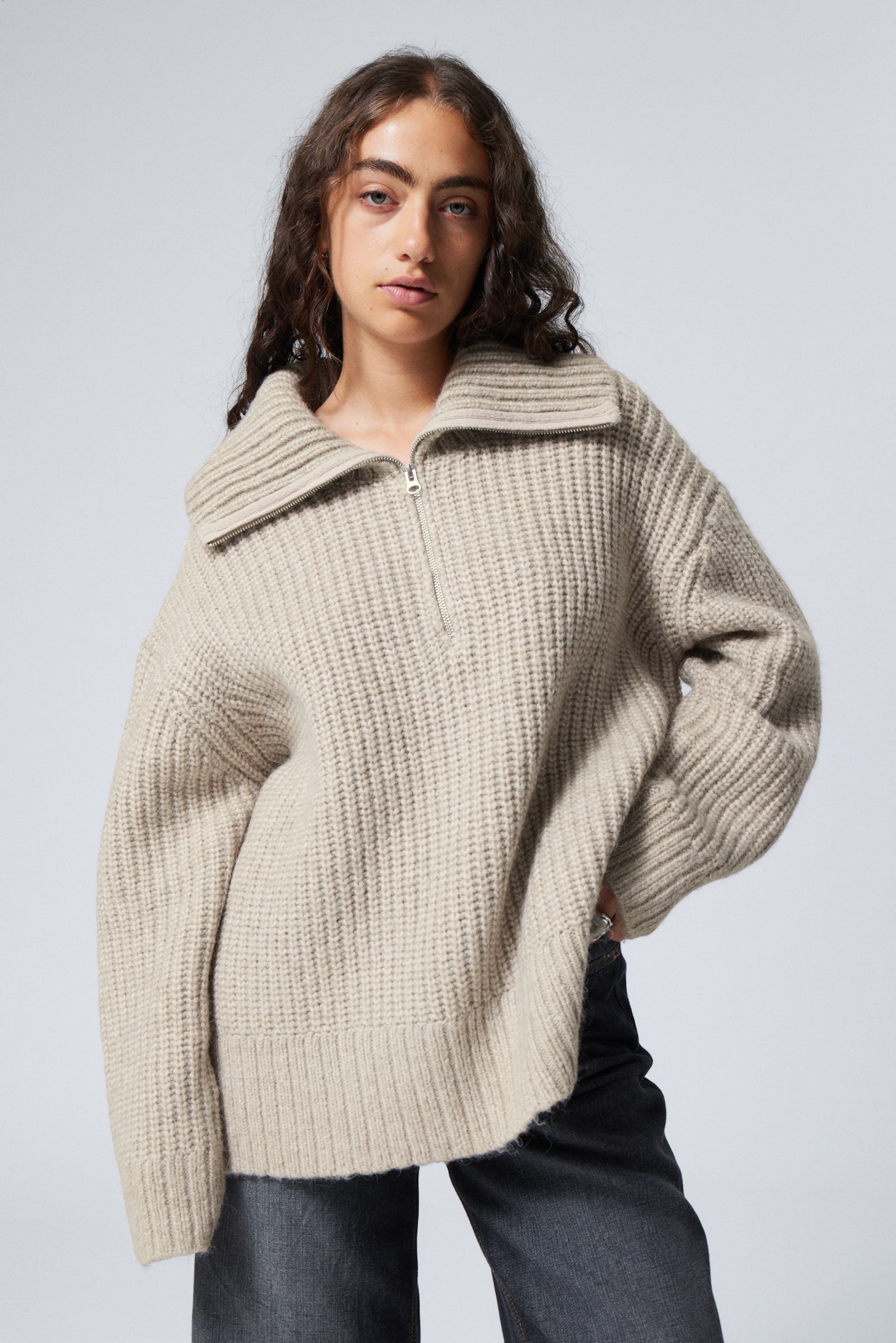 #AE9F8E - Rib-Knit Half-Zip Turtleneck Sweater - 1