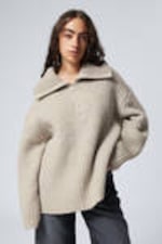 Dusty Beige - Rib-Knit Half-Zip Turtleneck Sweater - 0