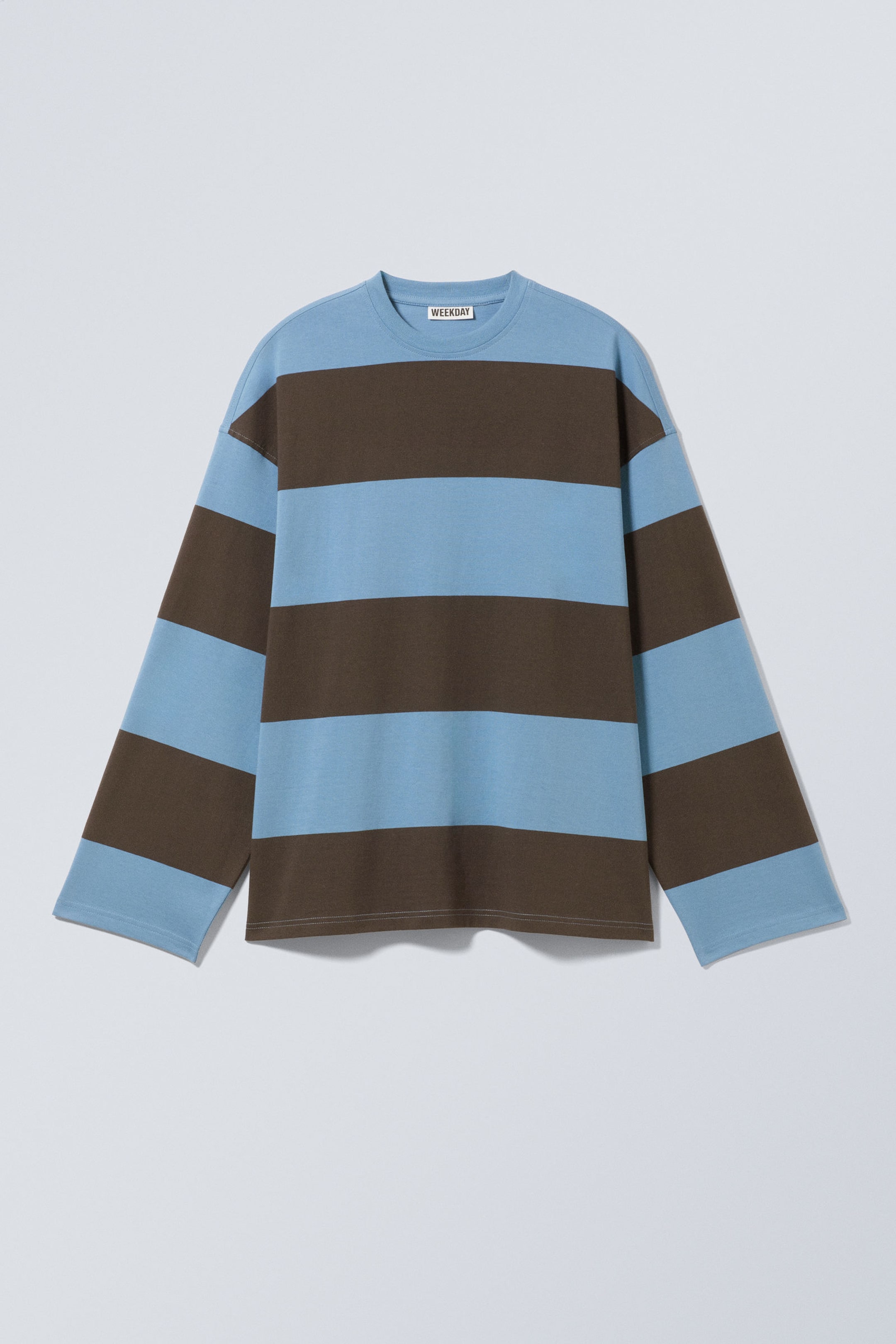 Blue & Brown Stripes - Long-Sleeved Oversized Cotton T-shirt - 2