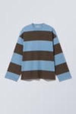 Blue & Brown Stripes - Long-Sleeved Oversized Cotton T-shirt - 2