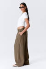 Beige - Low Rise Wide Leg Crinkled Trousers - 1