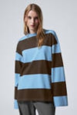 Blue & Brown Stripes - Long-Sleeved Oversized Cotton T-shirt - 0