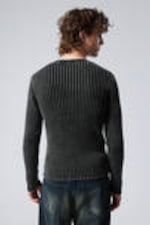 Washed Black - Slim V-neck Knitted Sweater - 3