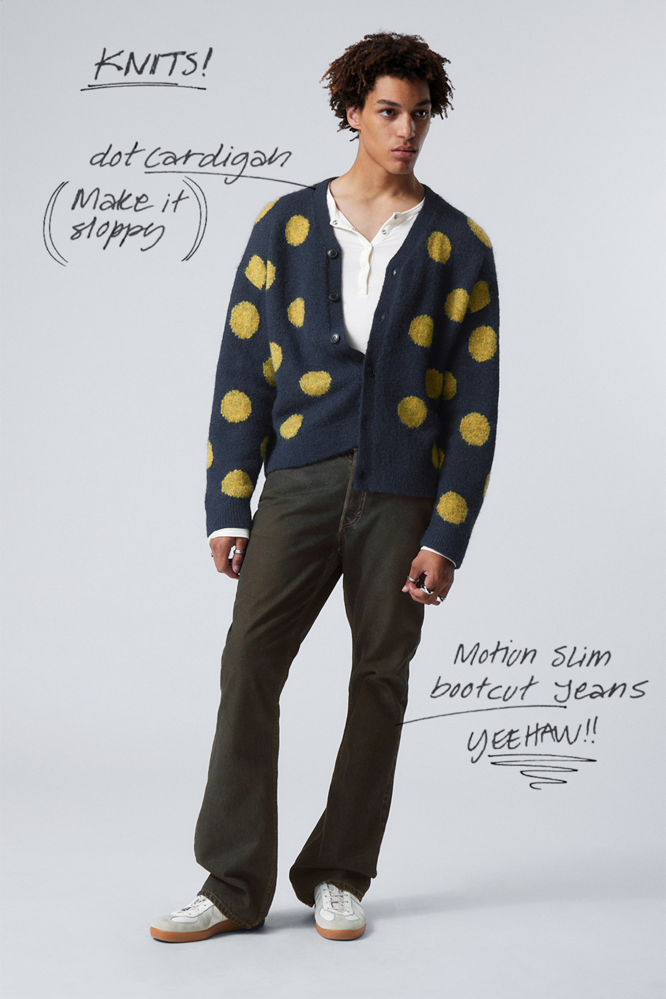 Model wearing a blue & yellow dotted knitted cardigan together with a pair of weekday jeans