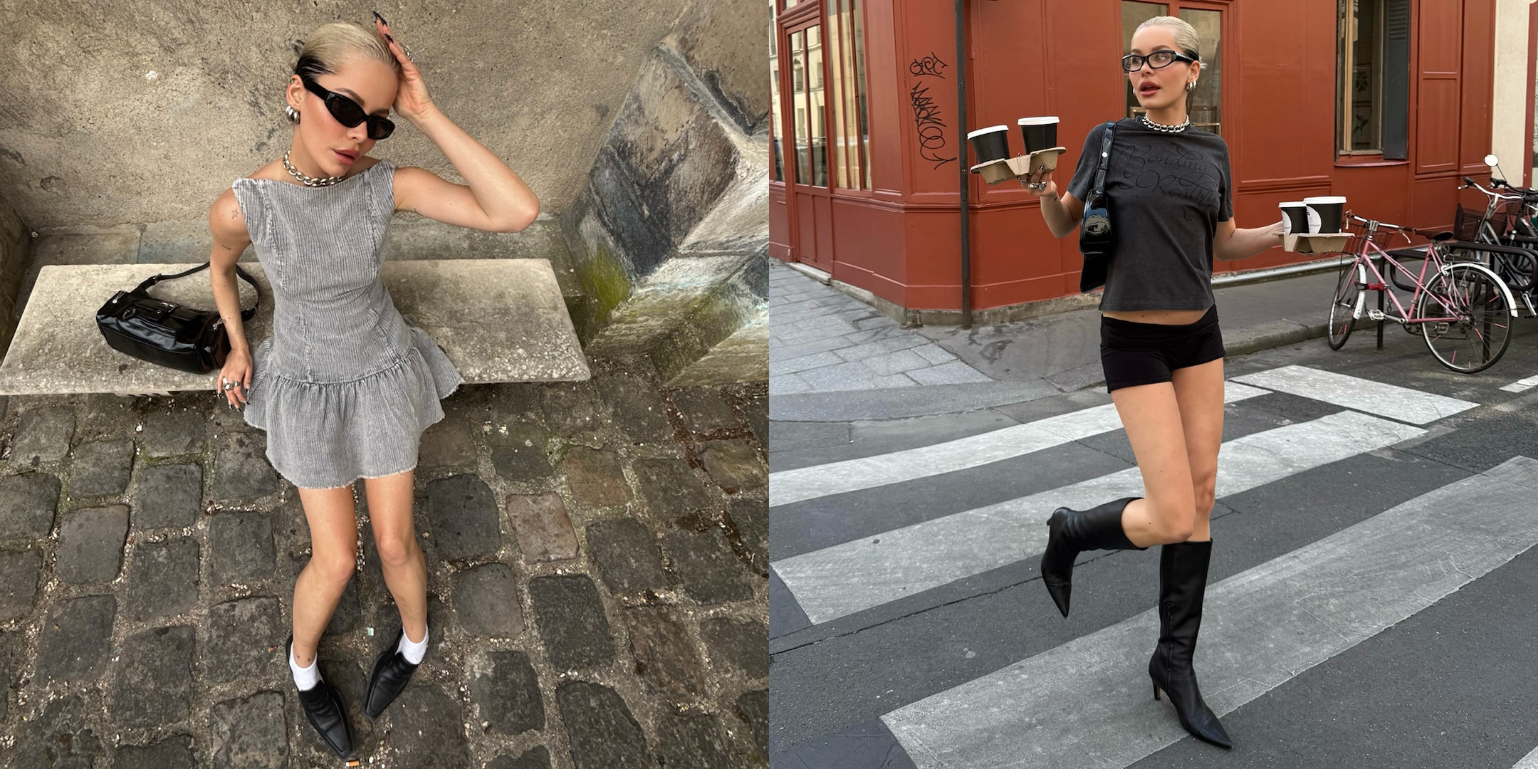 A girl wearing 2 Weekday outfits from Spring-Summer 2025 collection