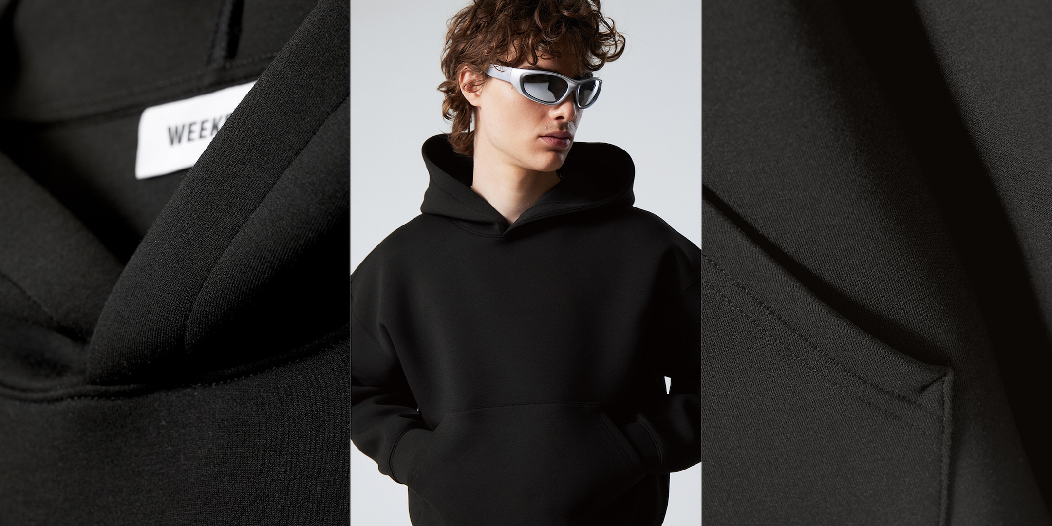 Closeup image of scuba material and one male model wearing a Simon scuba hoodie