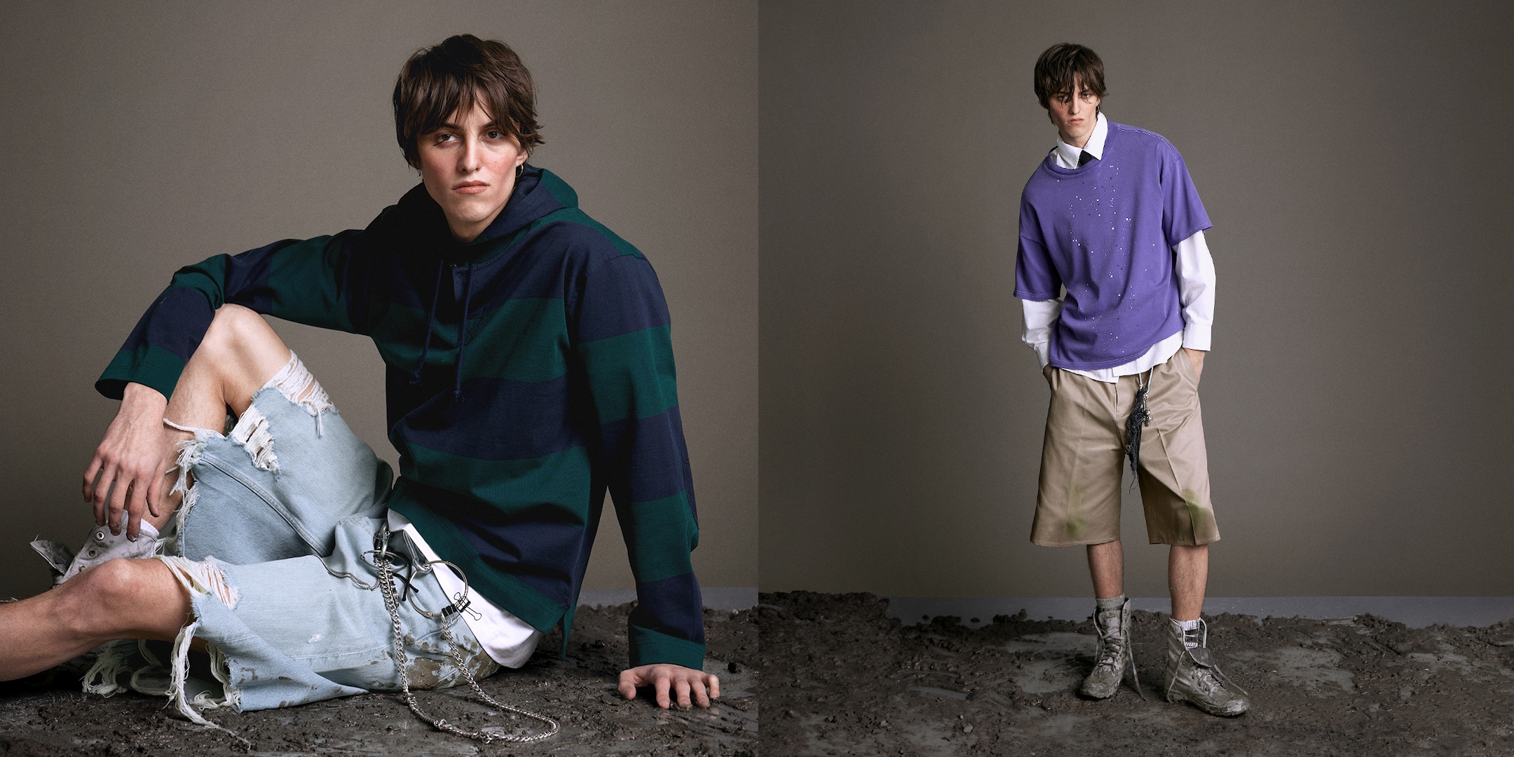 Model wearing two outfits from Weekday 2025 collection
