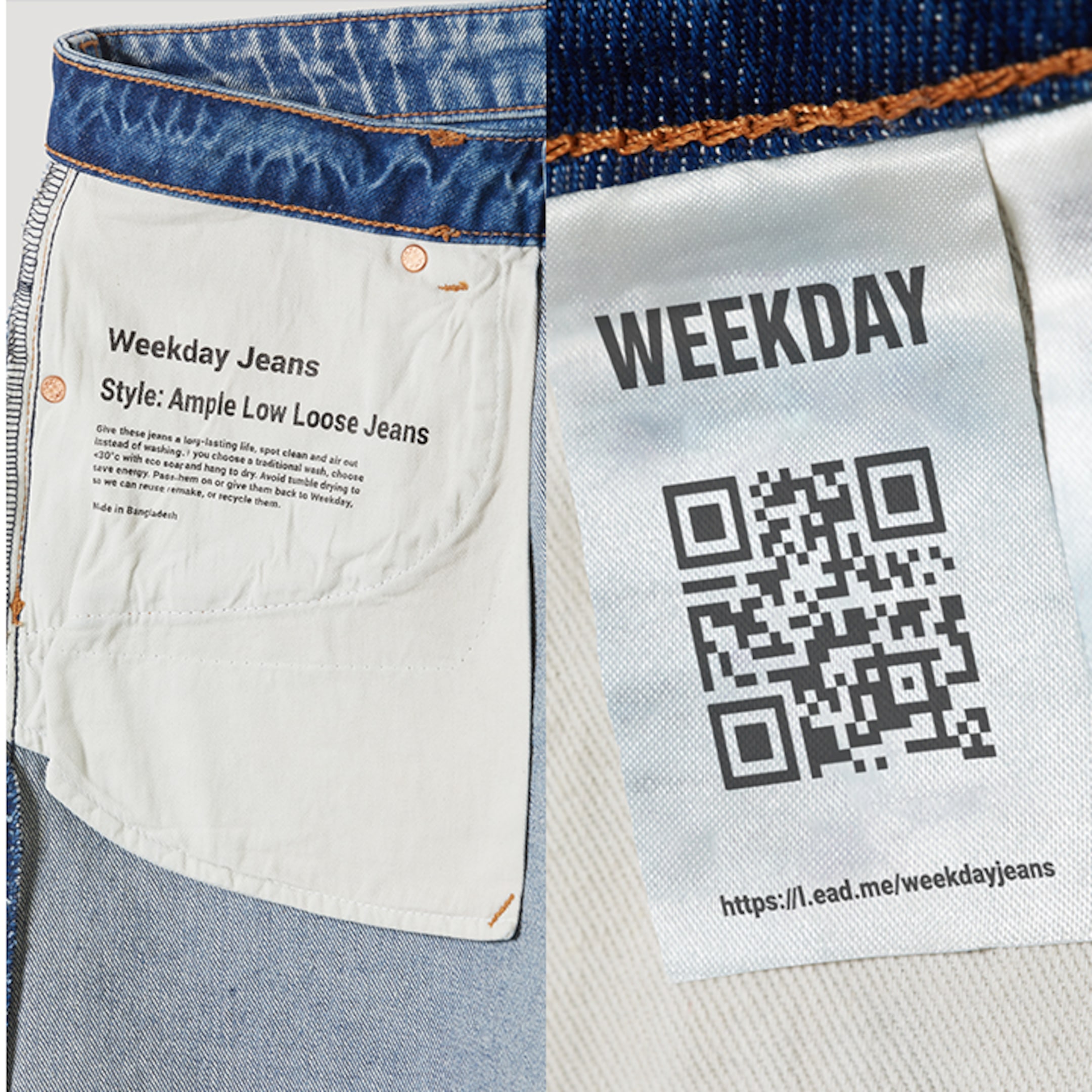 A split picture with the first one showing an inside out jeans pocket of our Ample jeans, with a text explaining our jeans redesign project, and the second one showing a QR-code label from the inside of the jeans.