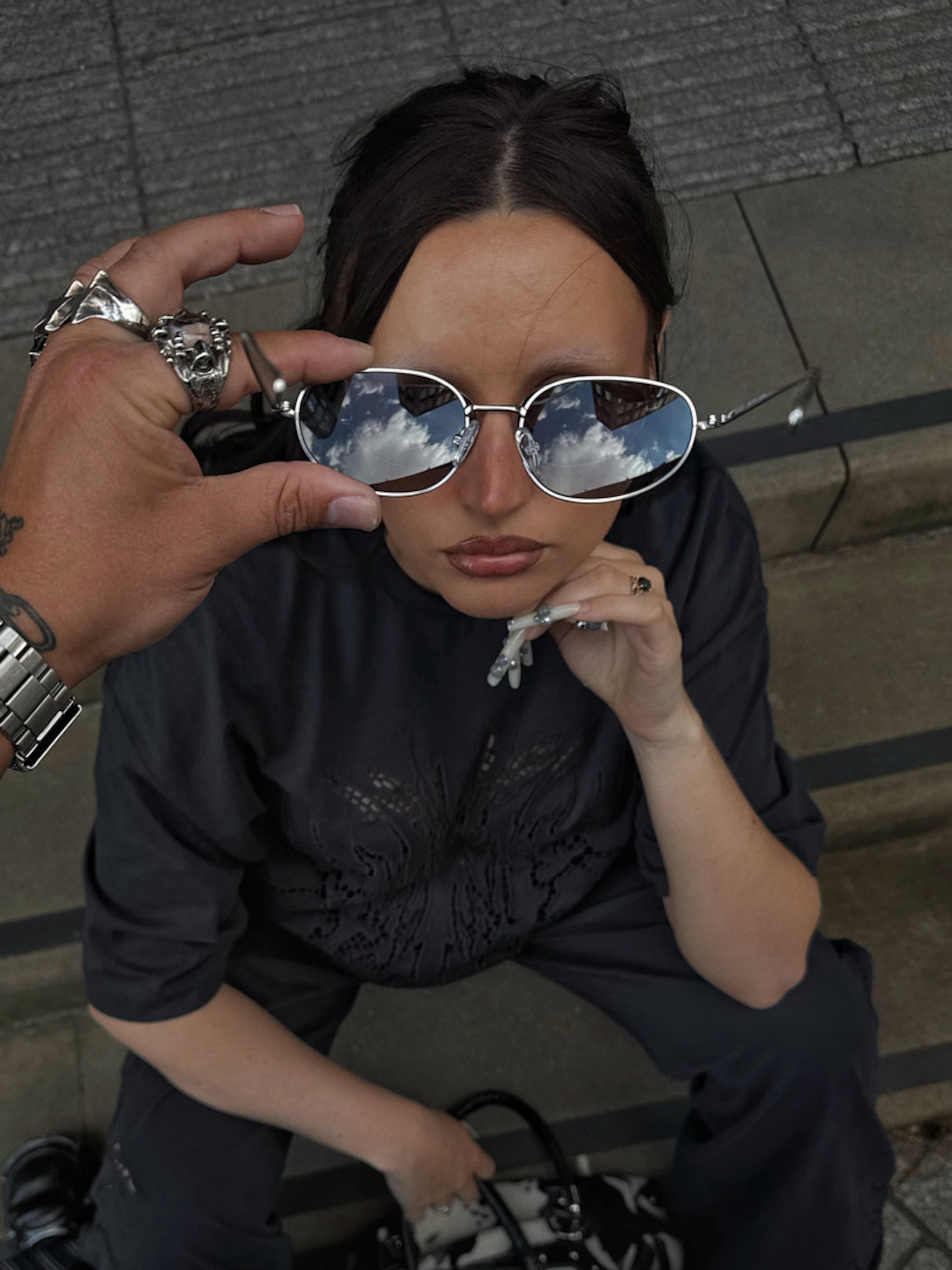 A girl and oval sunglasses from Weekday collection