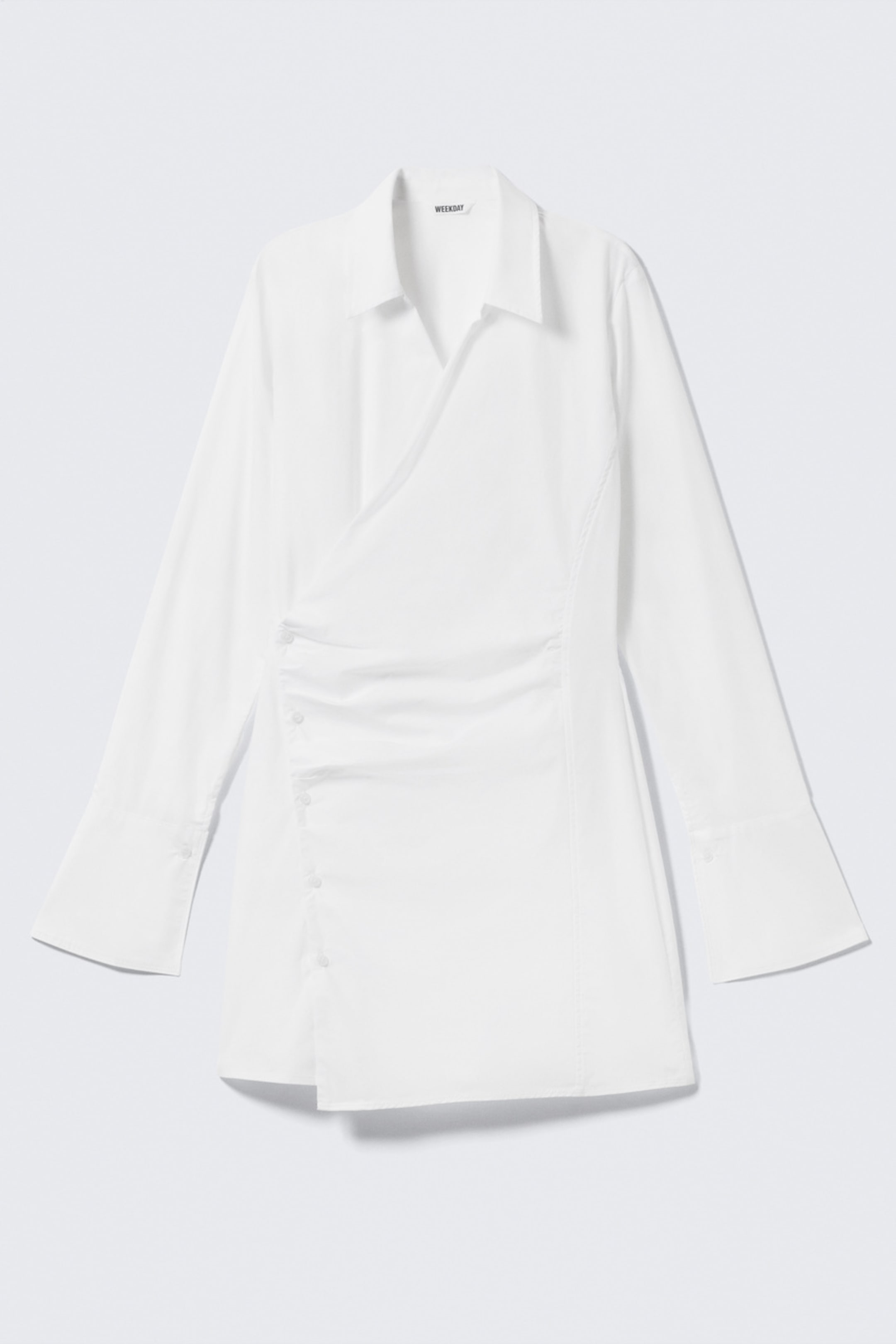 #FFFFFF - Long-Sleeved Asymmetric Mini Shirt Dress